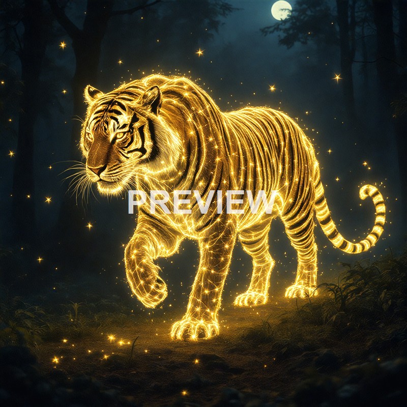 A luminous, glowing tiger made of golden light and sparkles, walking through a dark forest under a full moon.